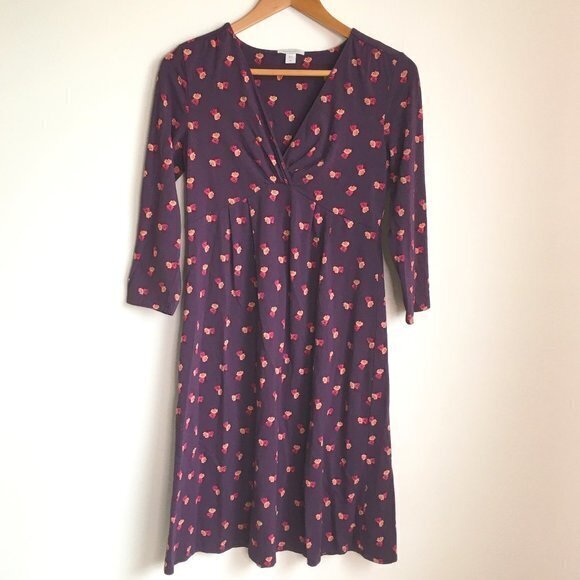 Garnet Hill Knit Floral Print V Neck Empire Waist Midi Dress 3/4 Sleeve … - Picture 1 of 4